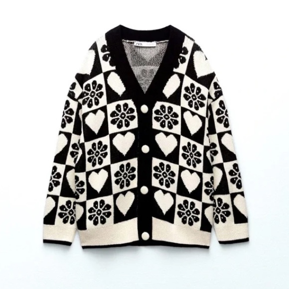 Zara Black and White Heart Pattern Cardigan